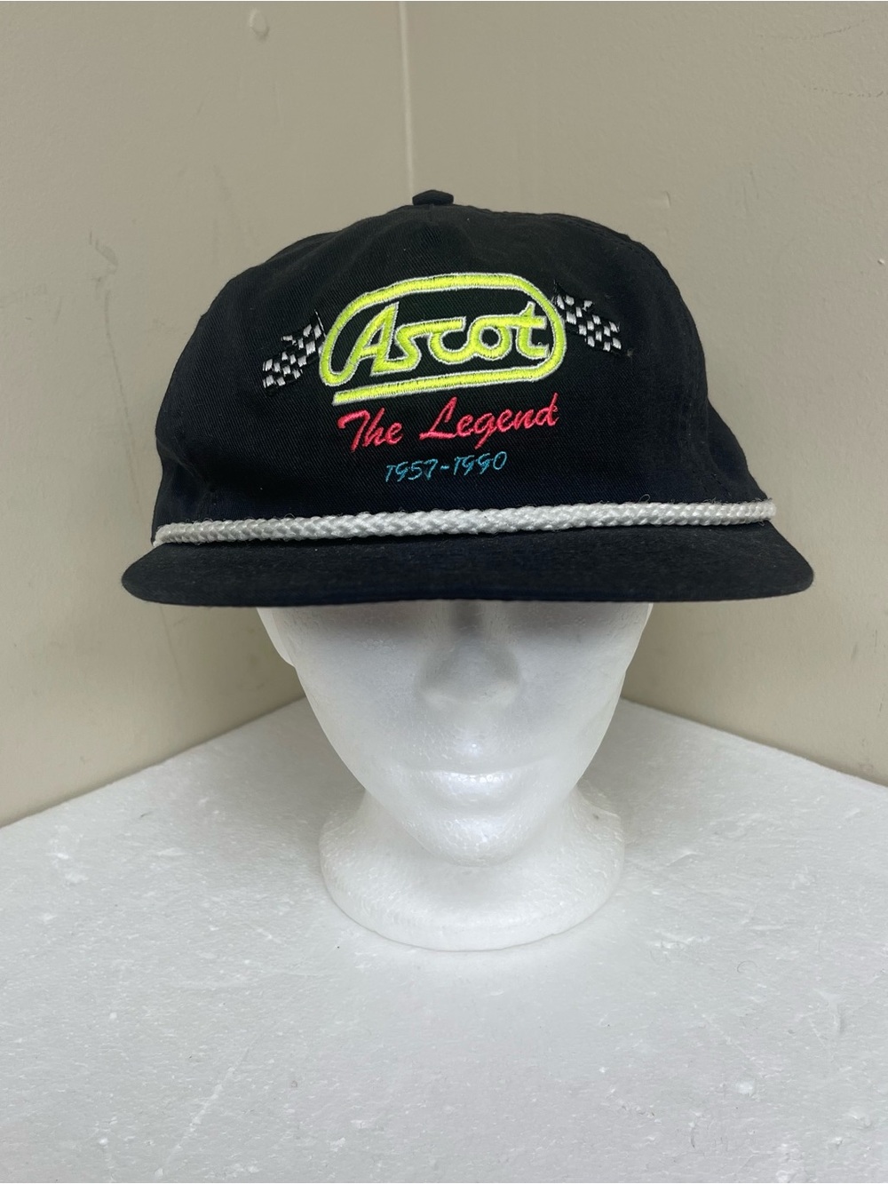 Vintage Black Ascot Motorsports The Legend Leather Strapback Hat American Needle